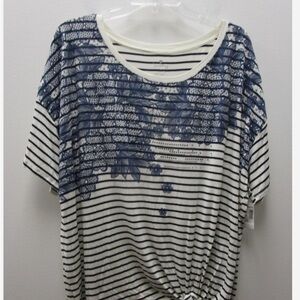 Dressbarn Navy/White/Blue Stripe/Floral Bead Detail Top Women 2X